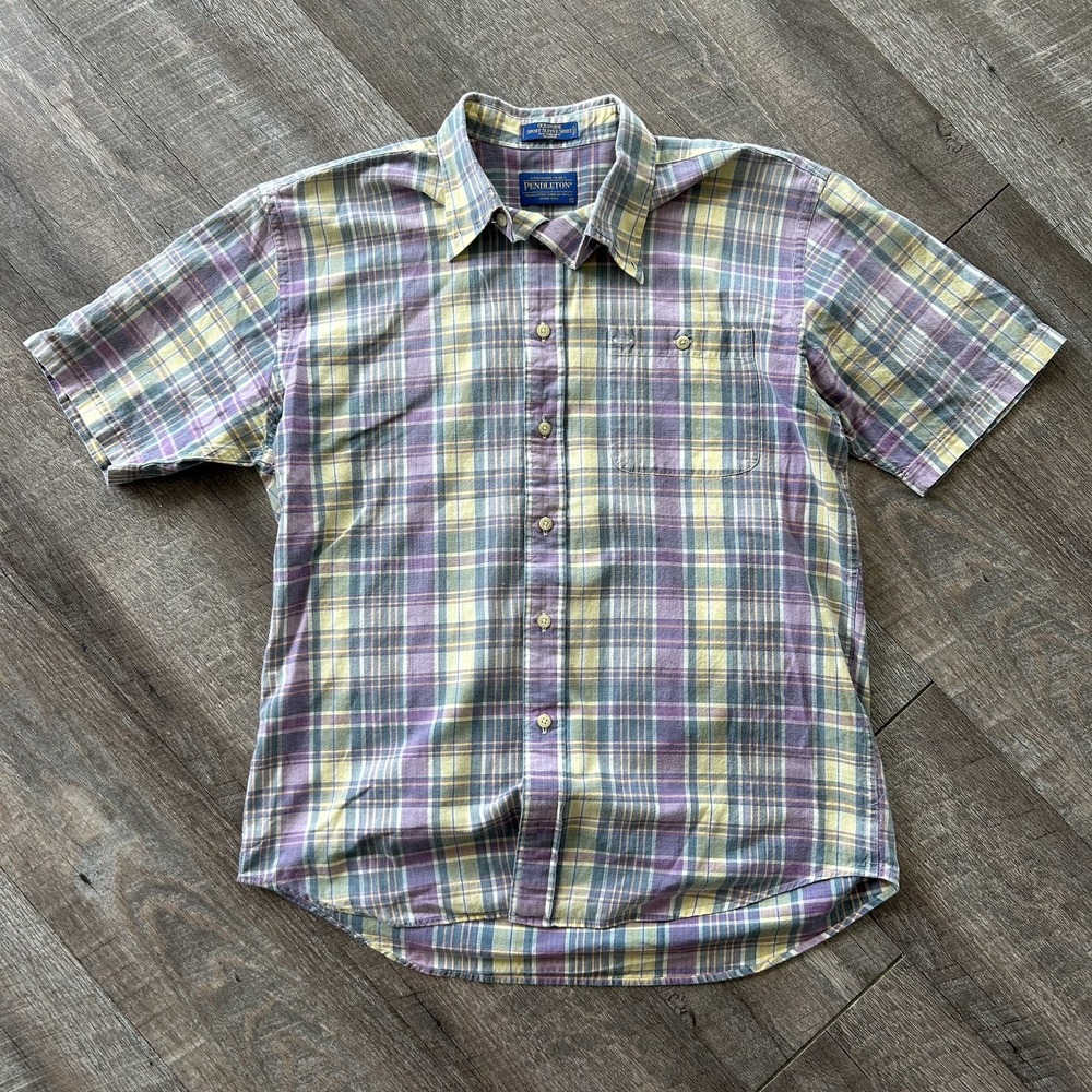 Vintage Pendleton Oceanside Shirt Mens L Purple Yellow Plaid Cotton Button Up